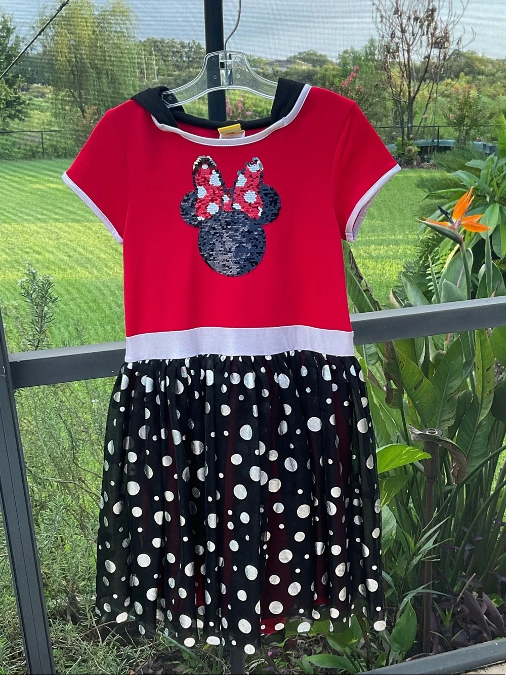 Disney Red and Black Polka Dot Sequin Minnie Dress with mouse ears hoodie 10|12